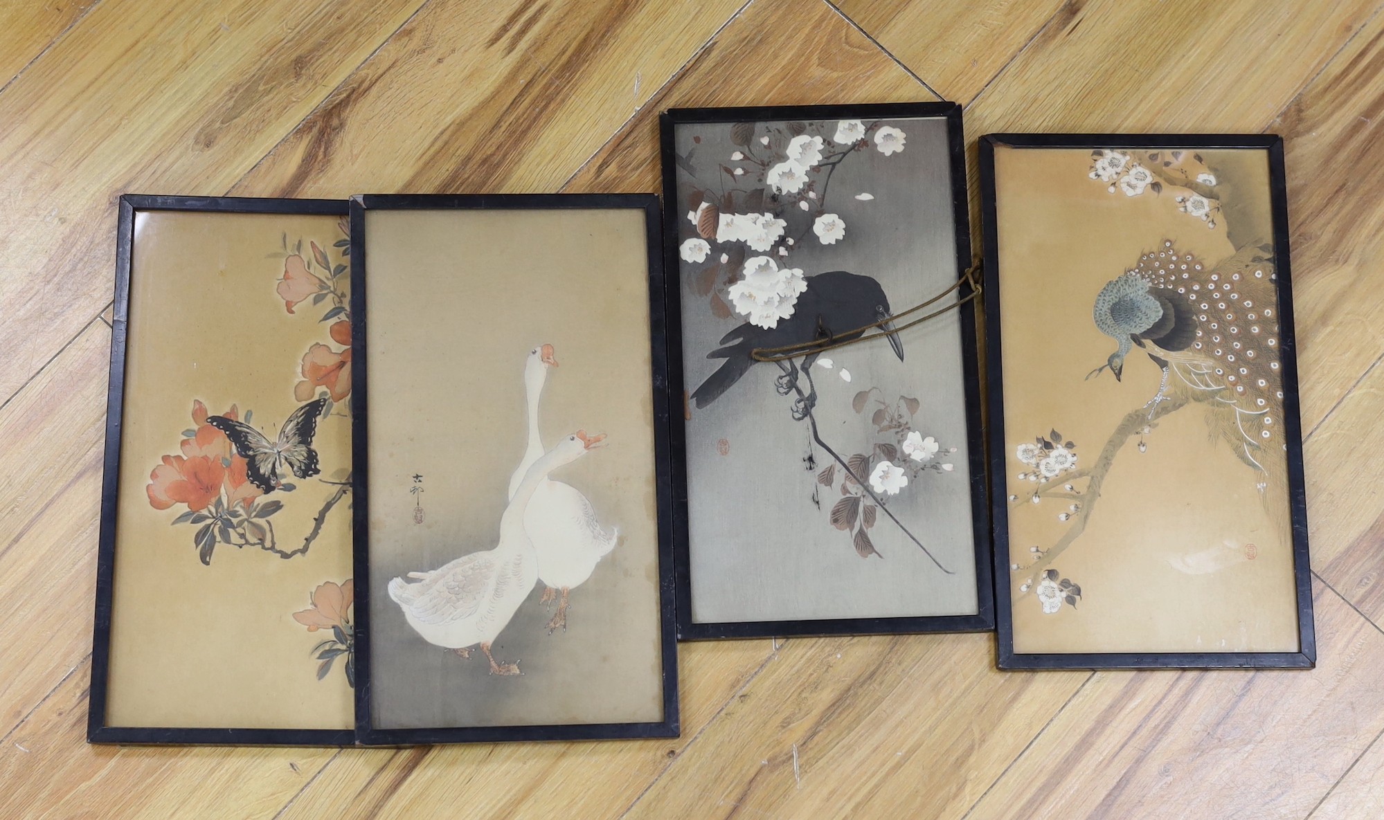 Ohara Koson (1877-1945), four woodblock prints, Studies of birds, 34.5 x 18.5cm